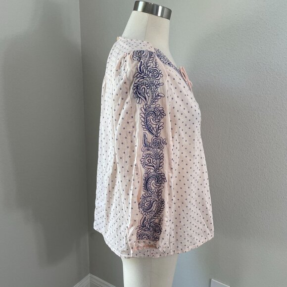 Lucky Brand Womens Medium Embroidered Peasant Blouse Tassel Tie Neck Shirt Top - Picture 7 of 10